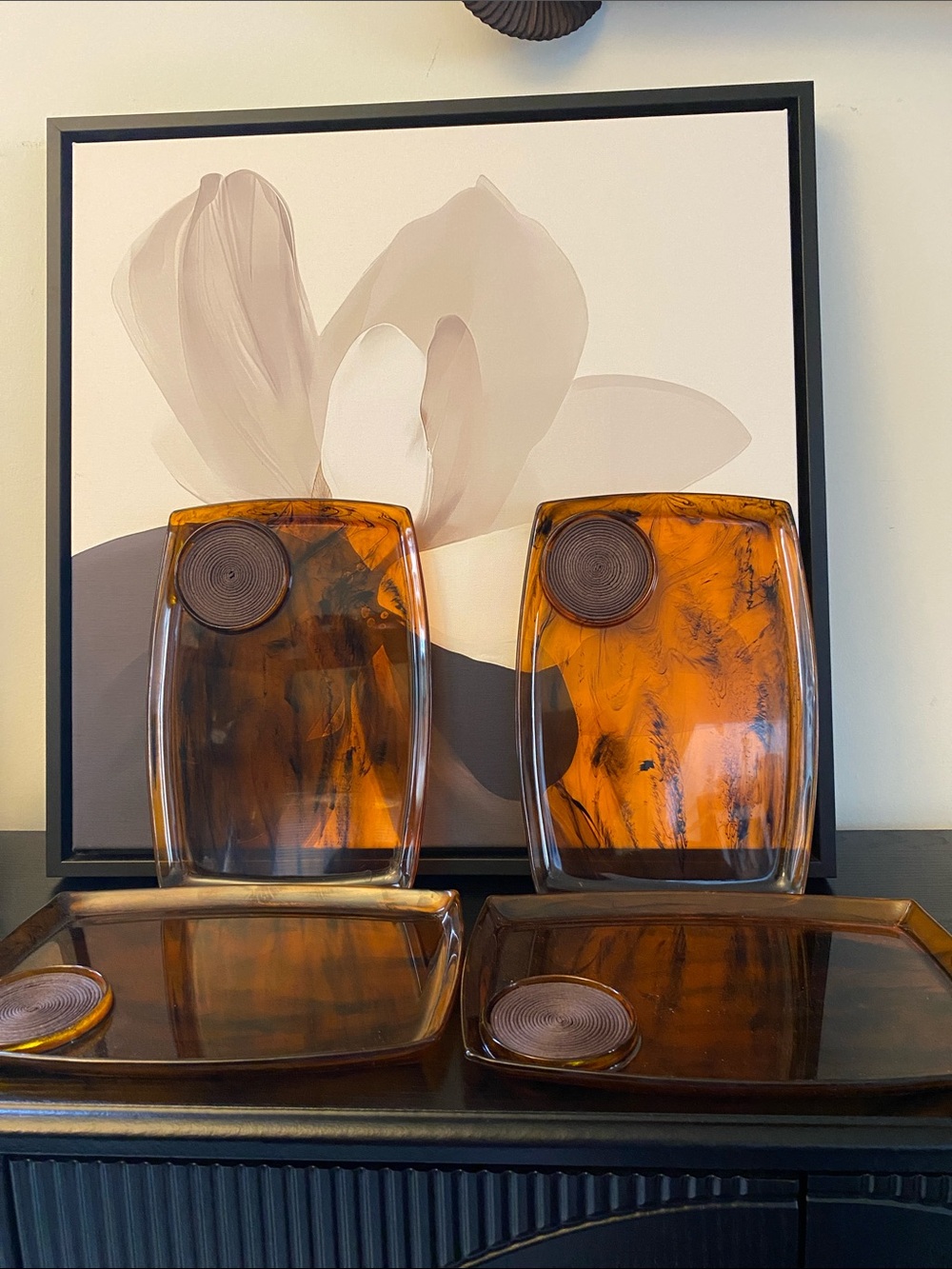Vintage Amber Lucite Swirl Midcentury Set of 4 Cocktail Trays With a Cup Holder